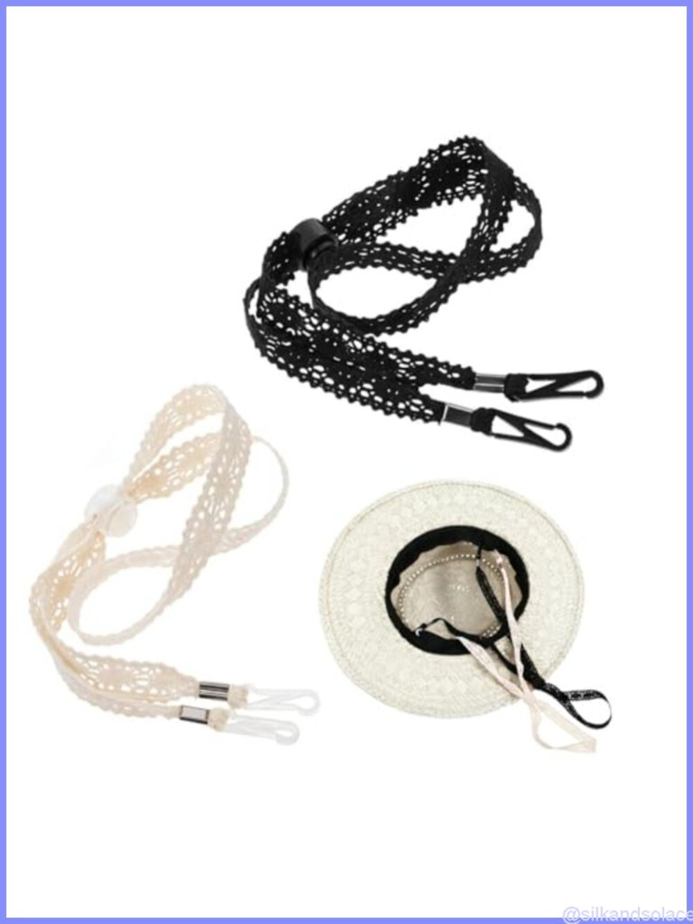 2PCS Adjustable Hat Strap Clips with Wide Lace Chin Cord